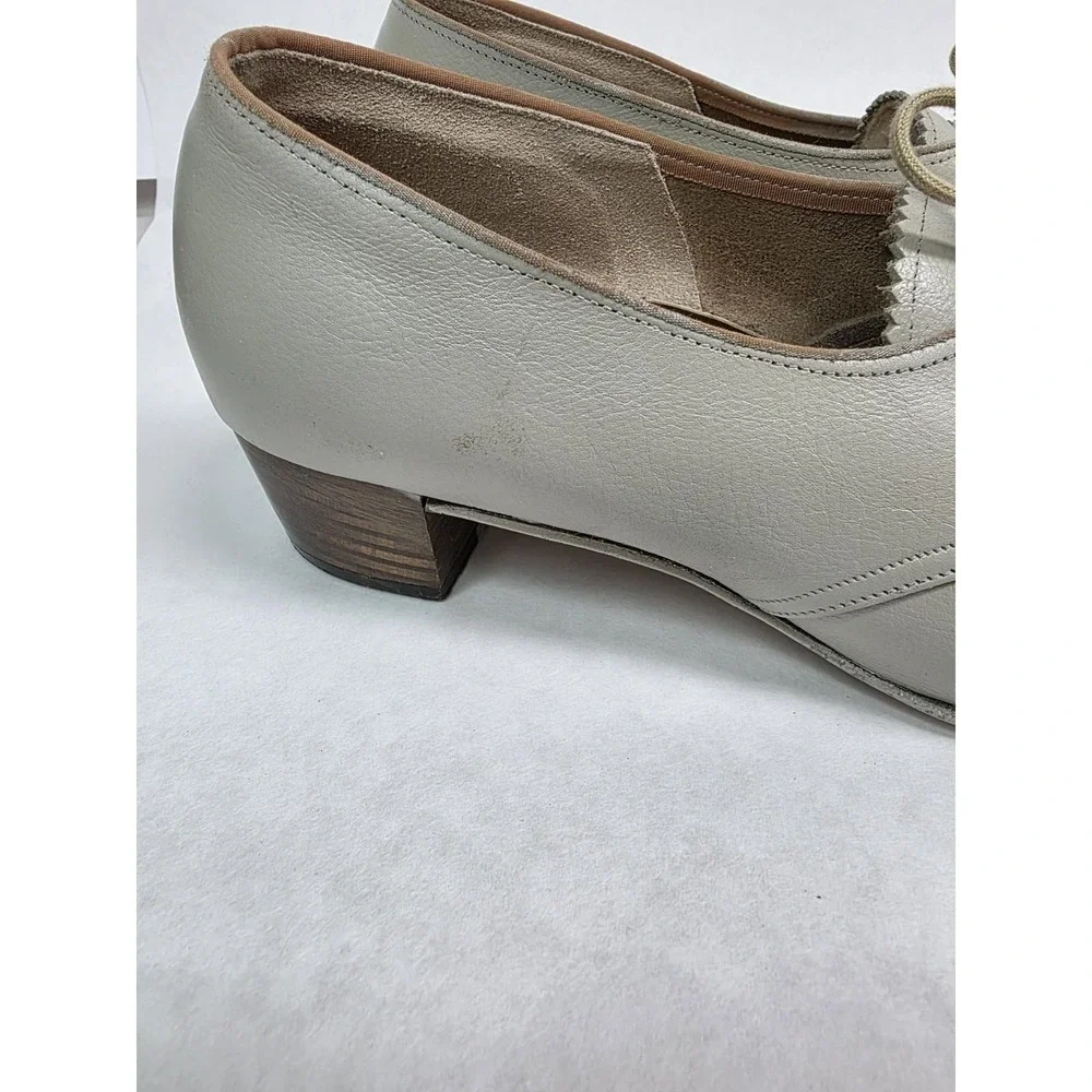 Womens Taupe Leather Oxford Pumps Footsaver‎ Shoes Lace Up Heels 8.5, 1960s READ